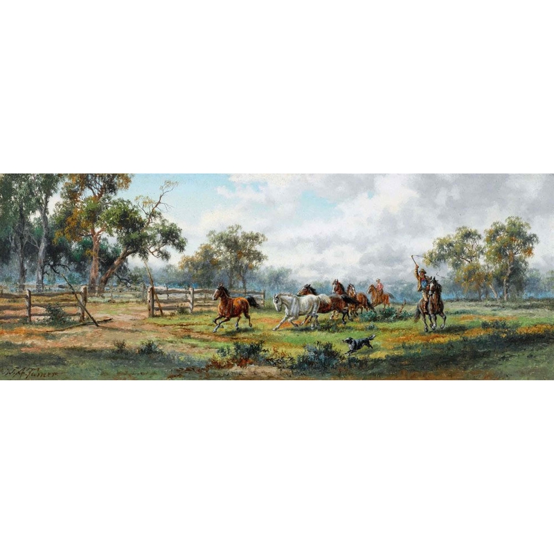 Painting of Australian bush scene of Jackaroo mustering wild horses
