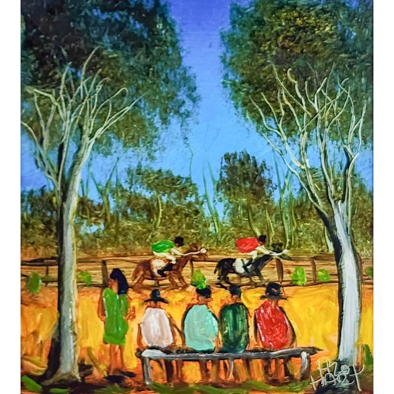 Race Trials painting by Pro Hart shows a horse race with crowd watching in the Australian bush