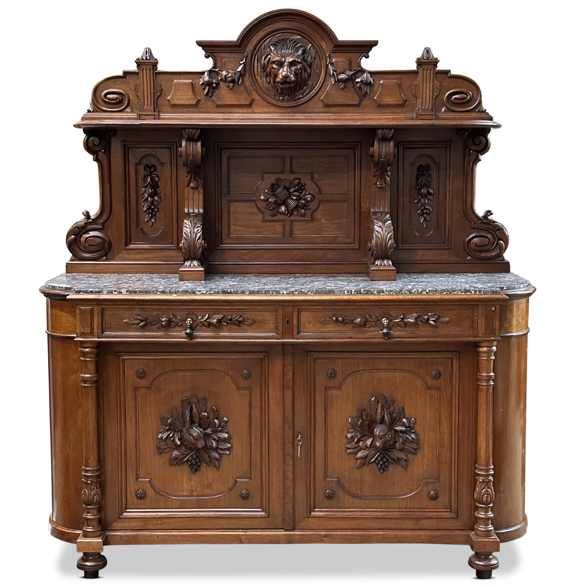 French walnut two door, two drawer, sideboard with carved lions and hare's heads c.1880