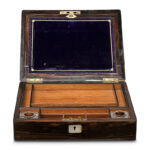 Victorian coromandel writing box open with mustard coloured felt and ink wells