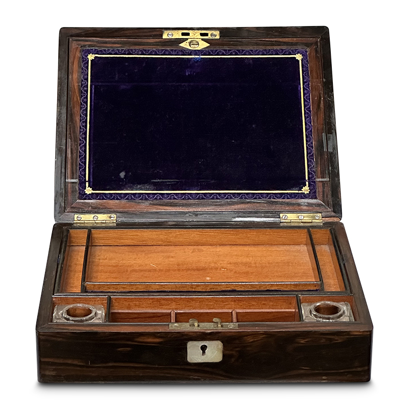 Victorian coromandel writing box open with mustard coloured felt and ink wells