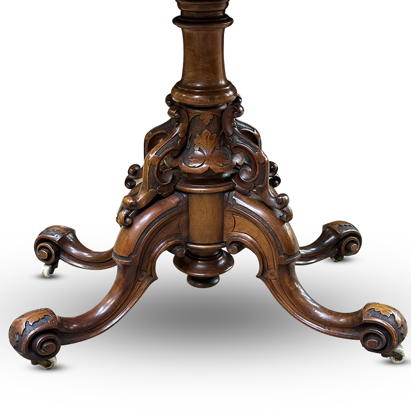 finely carved pedestal base of burr walnut card table detail