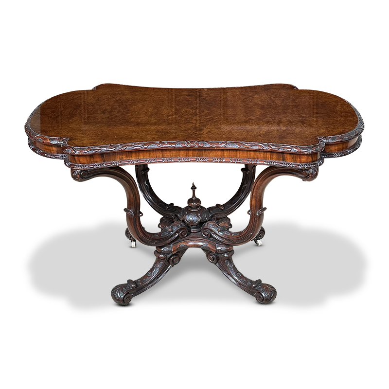 antique burr walnut occasional table with an ornate birdcage base