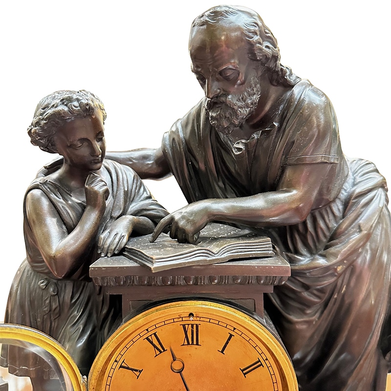 French bronze figured mantle clock featuring a scholar and student c.1870