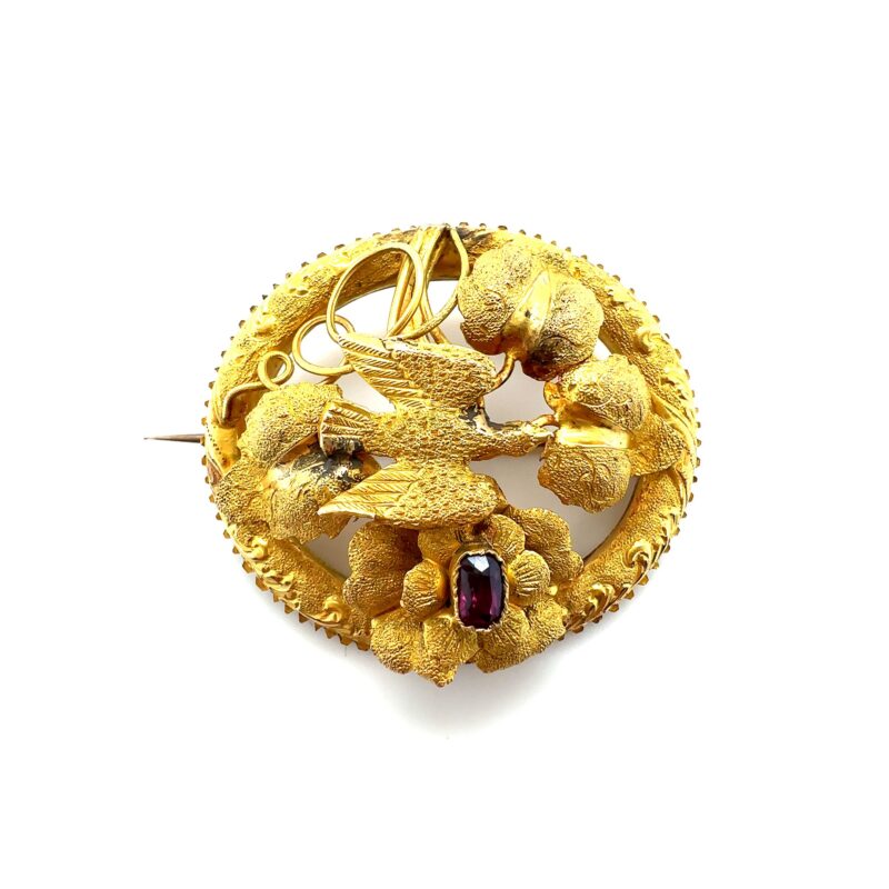 18ct gold brooch with birds leaves and red stone