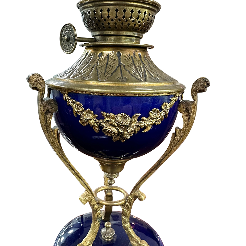 Ormolu floral swags on Rare blue museum quality porcelaine and ormolu French Napoleon III oil lamp