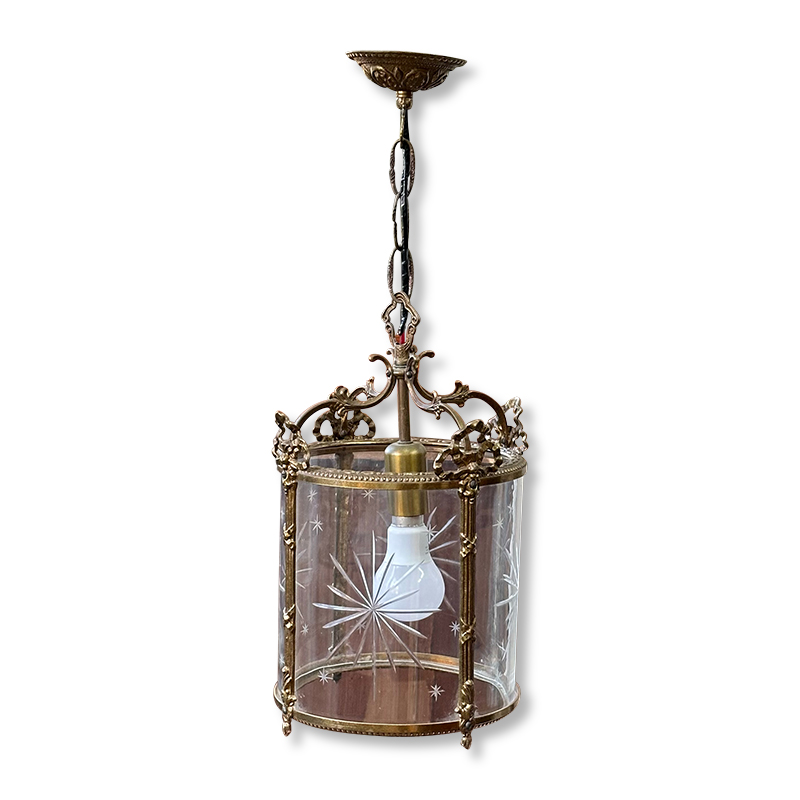 French brass pendant light with star detail on glass