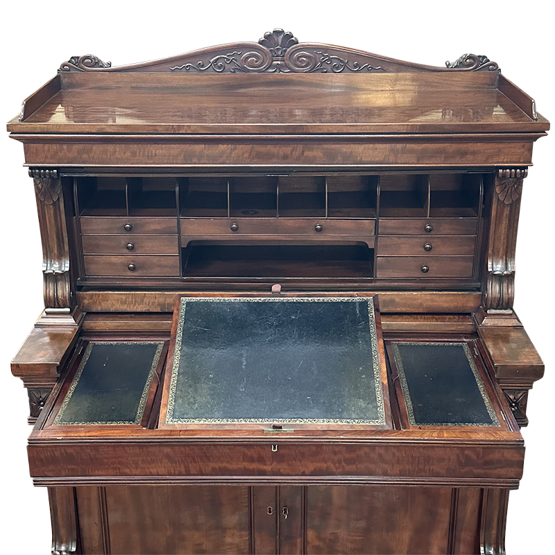 William IV secretaire desk mahogany with antique green tooled leather top and storage drawers rare