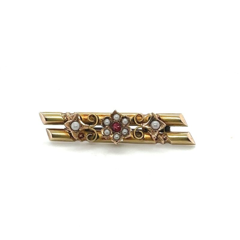 Edwardian 9ct pearl + ruby bar brooch
