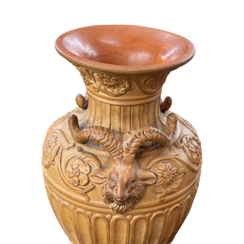 French teracotta urn vase with rams head detail