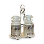 Edwardian 2 bottle pickle cruet set in silver plated stand