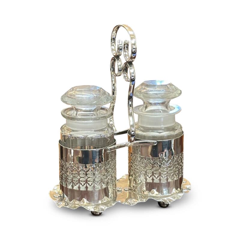 Edwardian 2 bottle pickle cruet set in silver plated stand