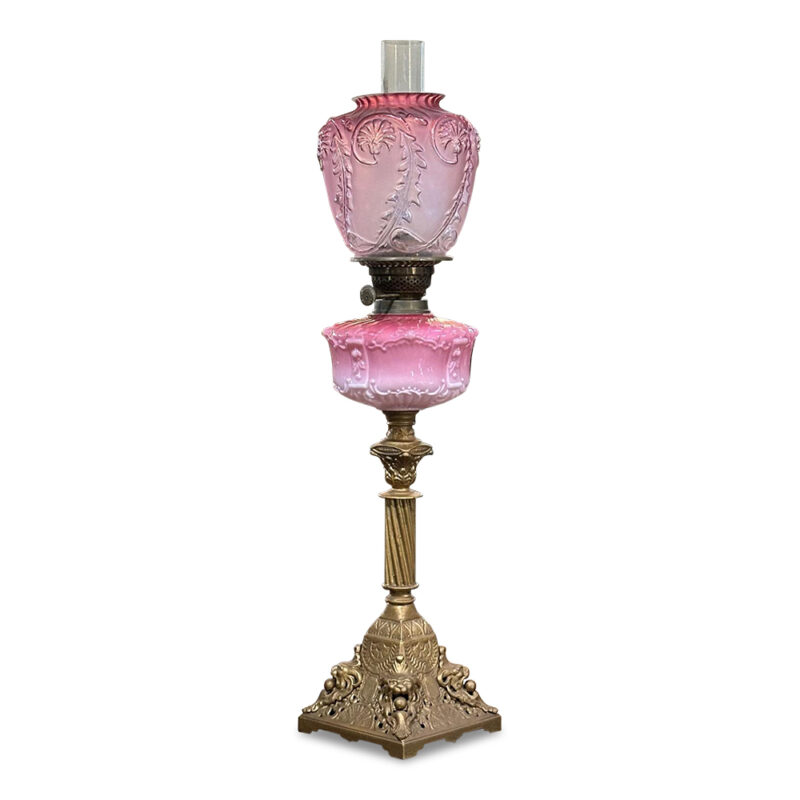 19th century pink double burner banquet lamp