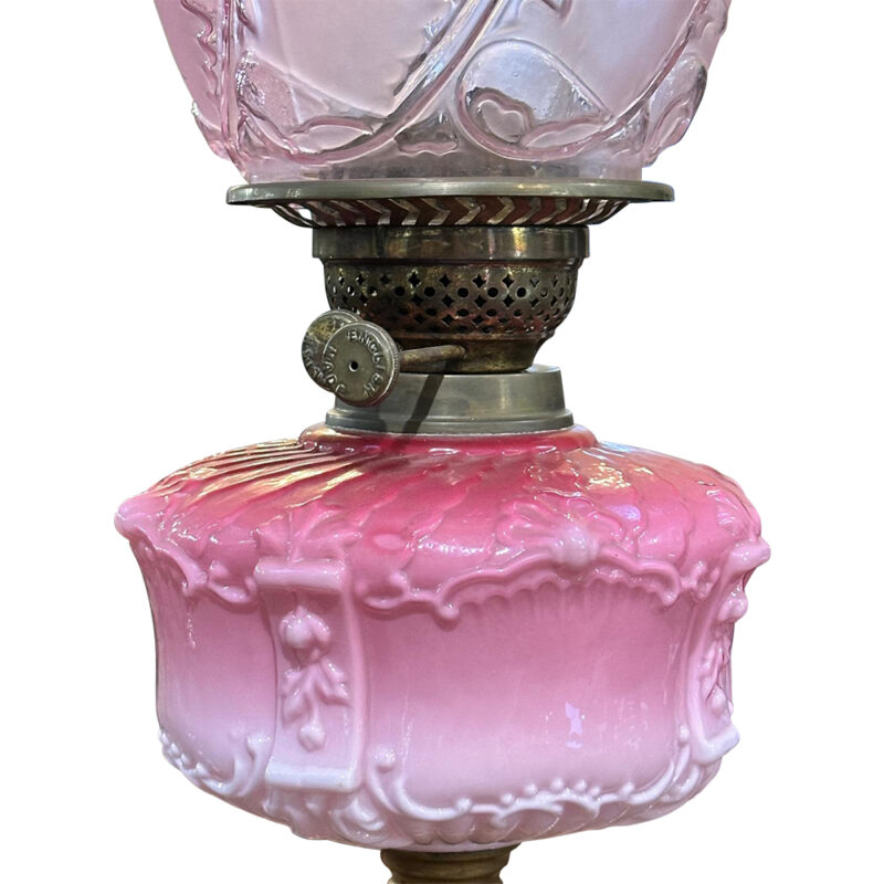19th century pink double burner banquet lamp detail