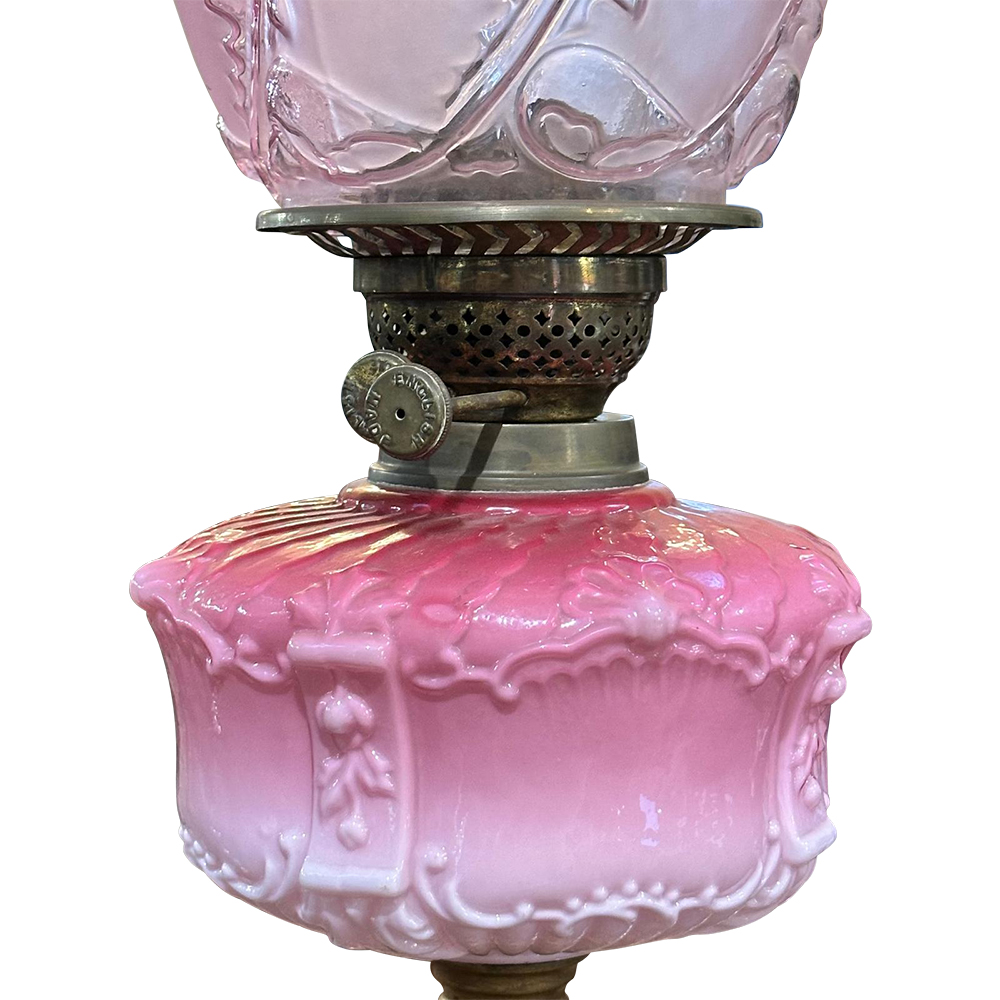 19th century pink double burner banquet lamp detail
