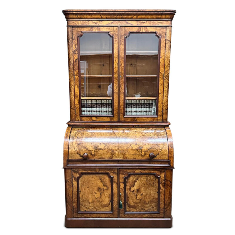 19th century burr walnut bookcase secretaire c.1870
