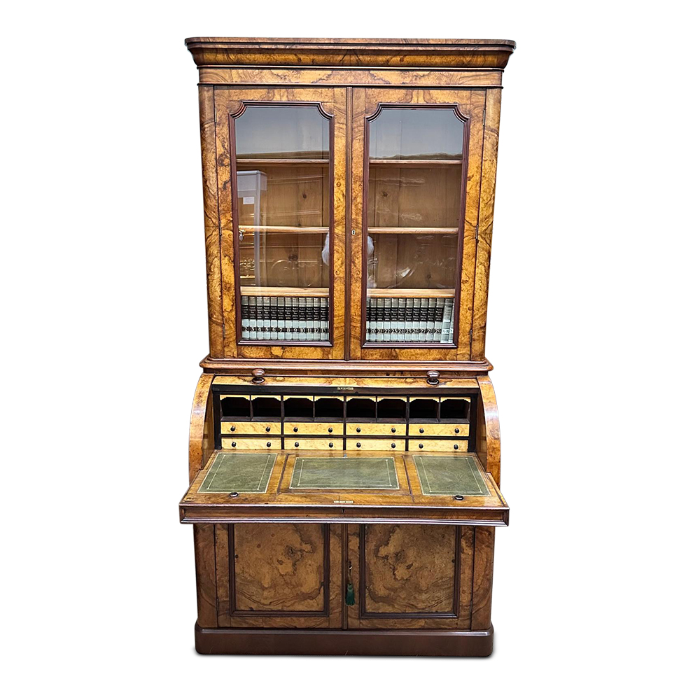 19th century burr walnut bookcase secretaire c.1870