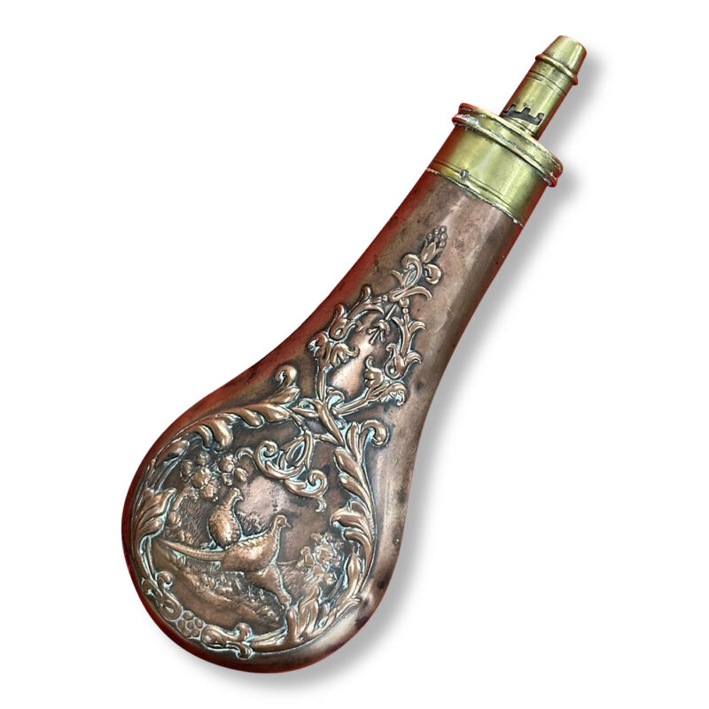 Embossed brass and copper gunpowder flask