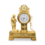 English gilt bronze figured small mantle clock c.1870 front