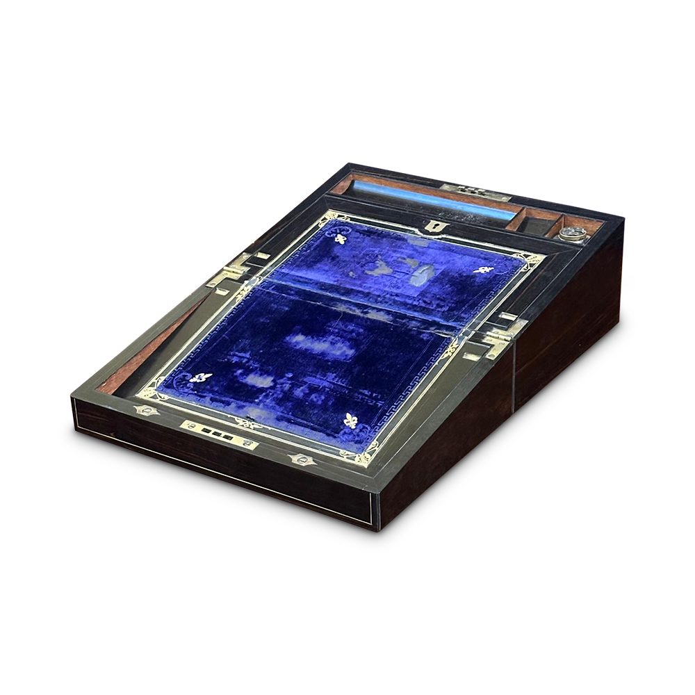 Victorian coromandel writing slope with brass inlays c.1898