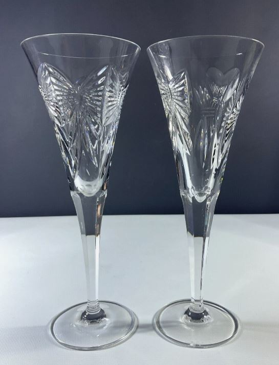 Pair Waterford crystal bow design millenium collection champagne toasting flutes