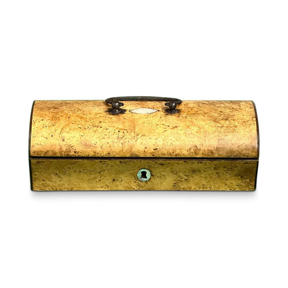 18th century fruitwood dome top box with steel handle and mop escutcheon c.1780