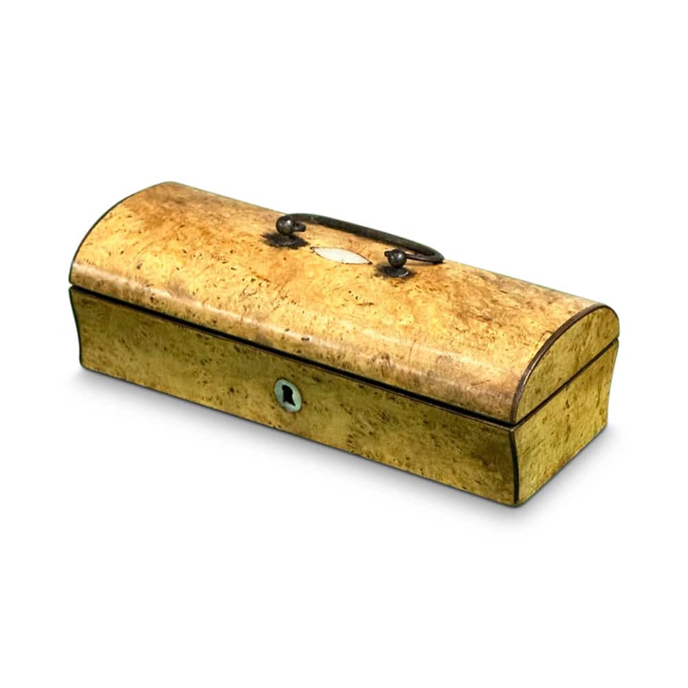 18th century fruitwood dome top box with steel handle and mop escutcheon c.1780