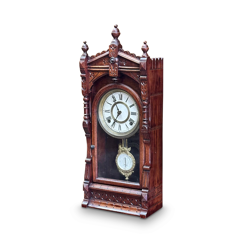 Ansonia carved walnut mantle clock c.1900