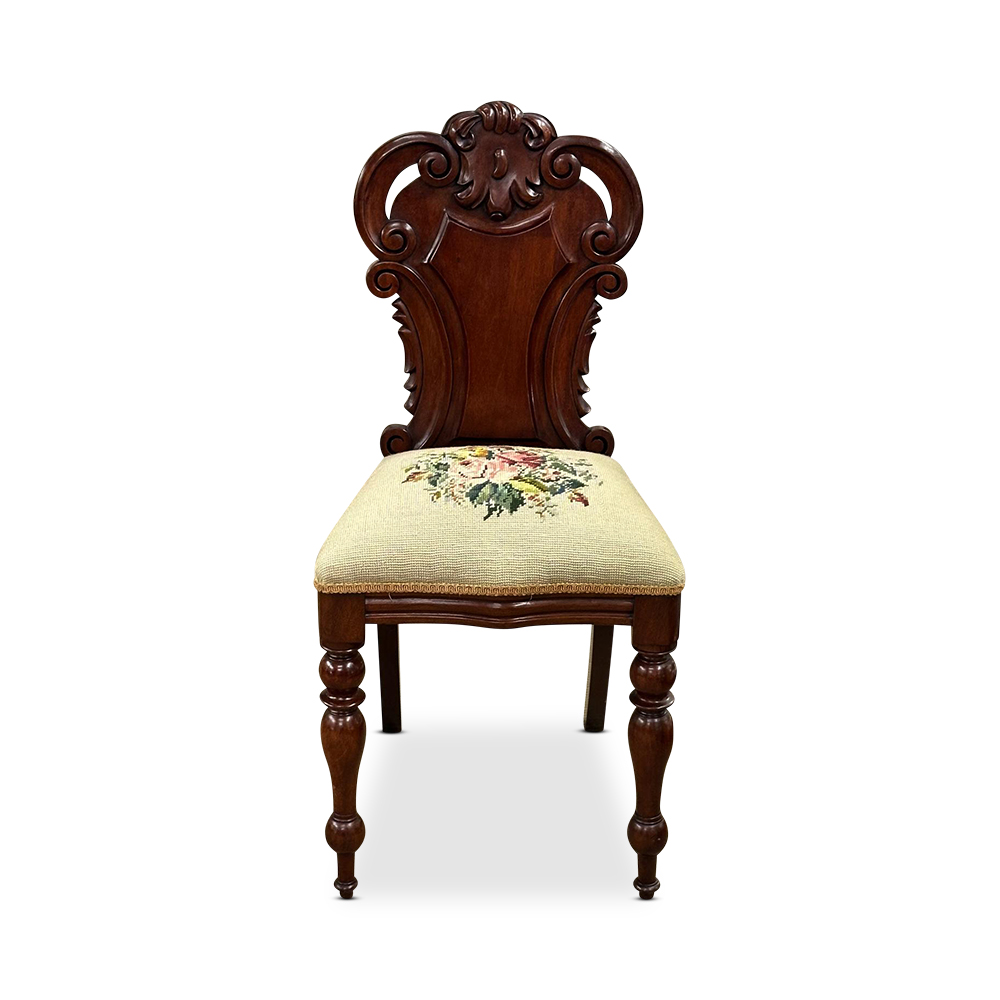 Australian cedar hall chair with tapestry upholstery