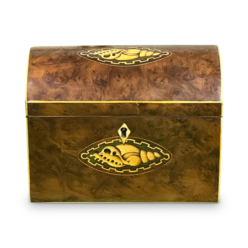 George III burr yew two section tea caddy with shell inlays c.1800