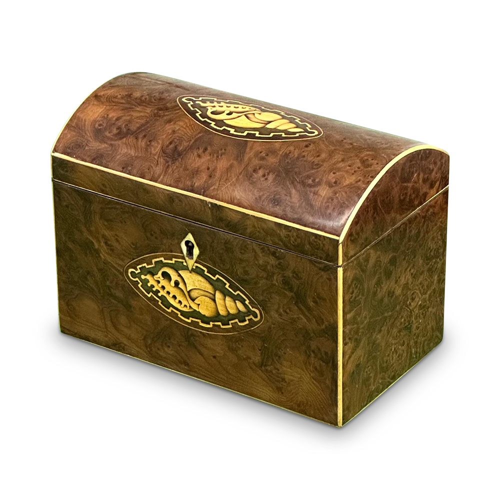 George III burr yew two section tea caddy with shell inlays c.1800