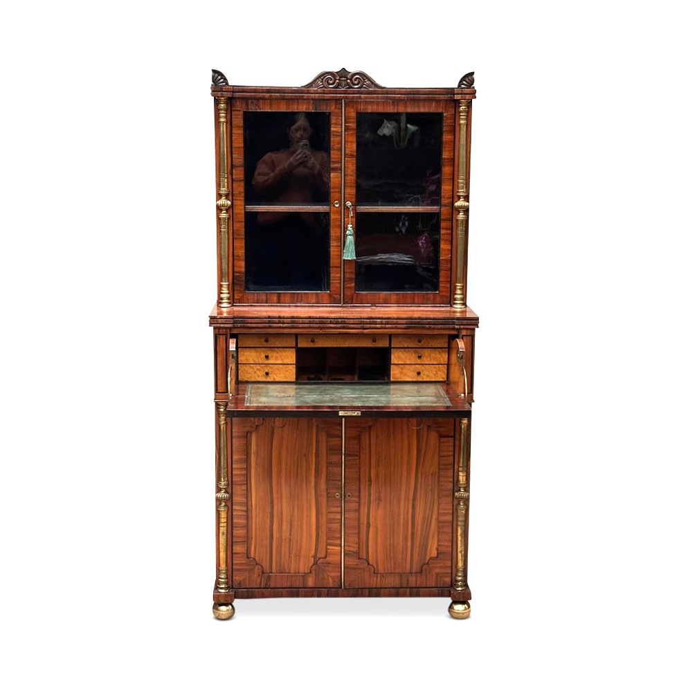 Superb English Regency zebrawood Grecian writing cabinet bookcase secretaire c.1810
