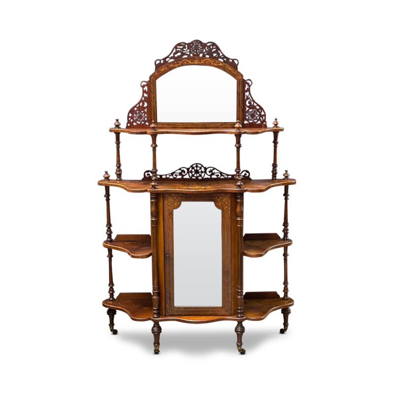 Victorian burr walnut inlaid whatnot c.1880