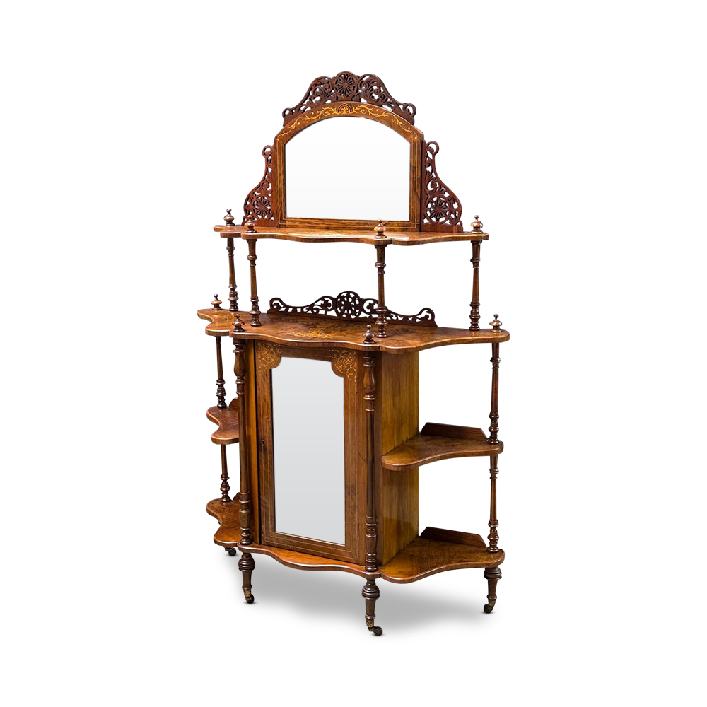 Victorian burr walnut inlaid whatnot c.1880