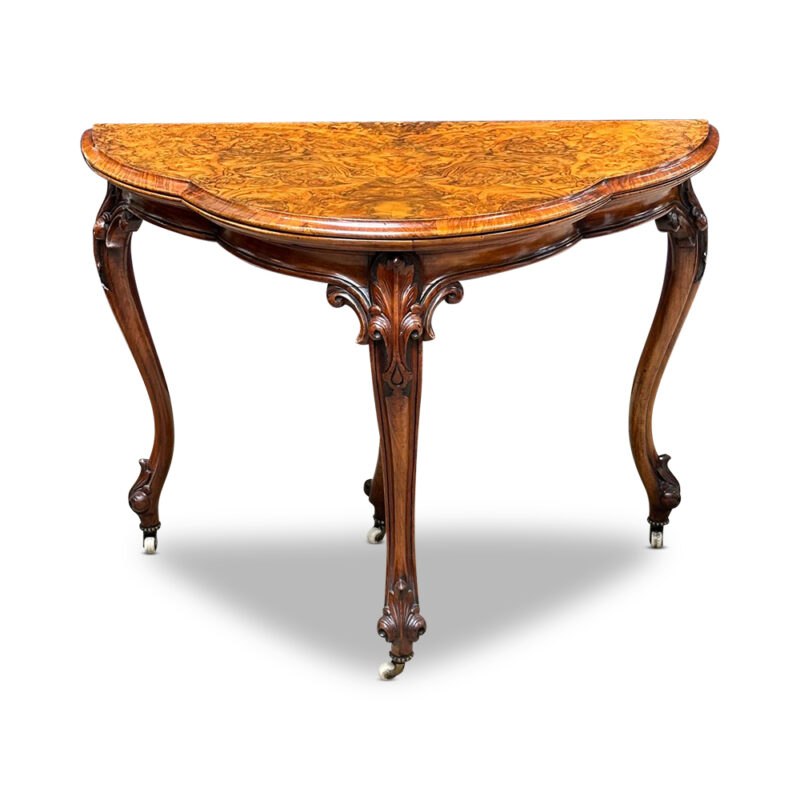 Burr walnut scalloped shape card table with foldover top and leg support c.1860