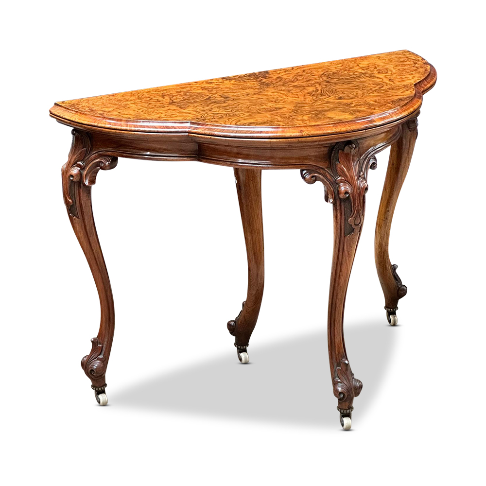 Burr walnut scalloped shape card table with foldover top and leg support c.1860
