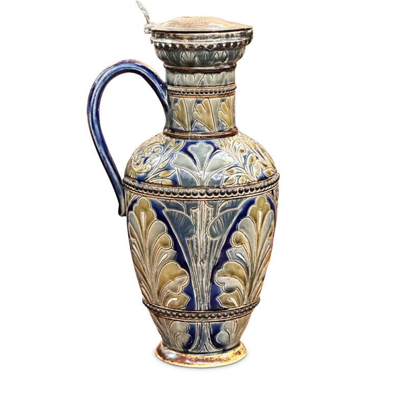 Doulton Lambeth salt glazed jug with silver plated lid by LA c.1881