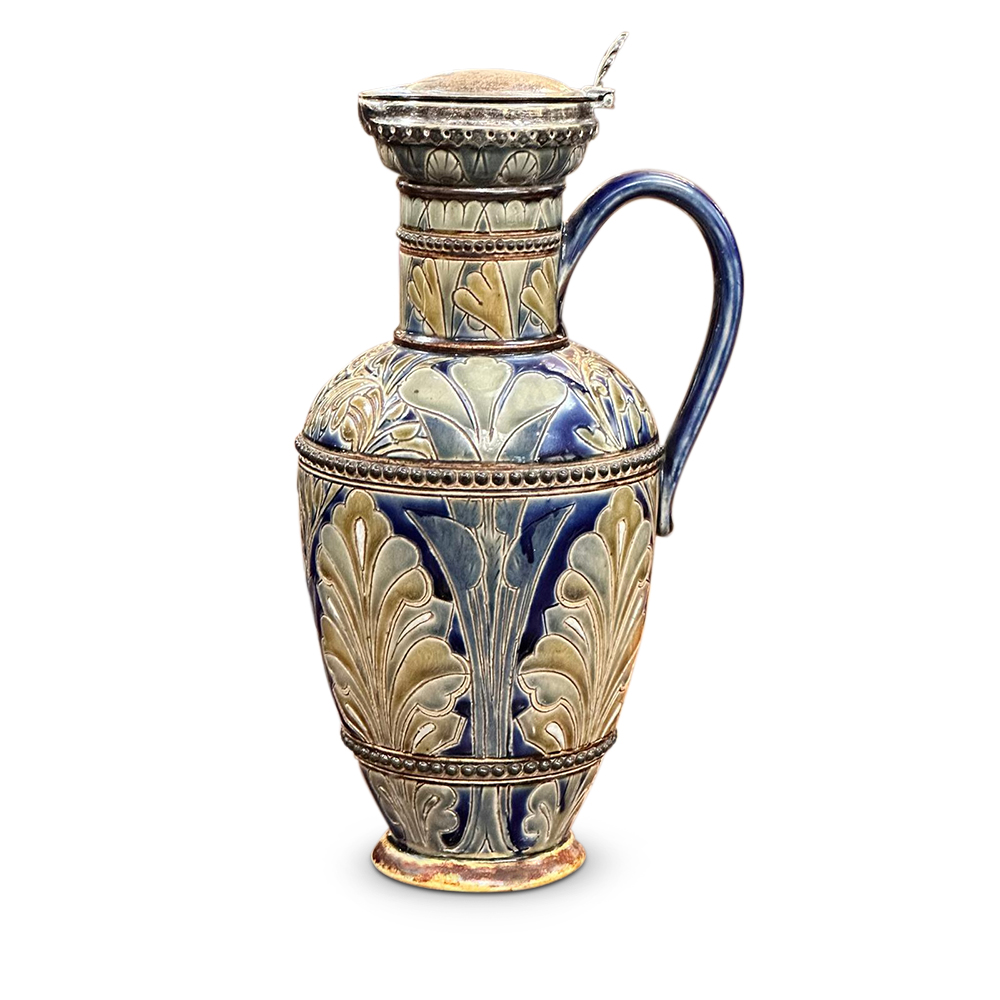 Doulton Lambeth salt glazed jug with silver plated lid by LA c.1881