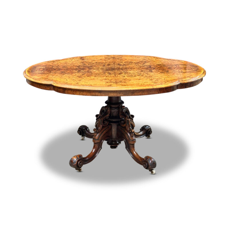English burr walnut inlaid tilt top loo table c.1870