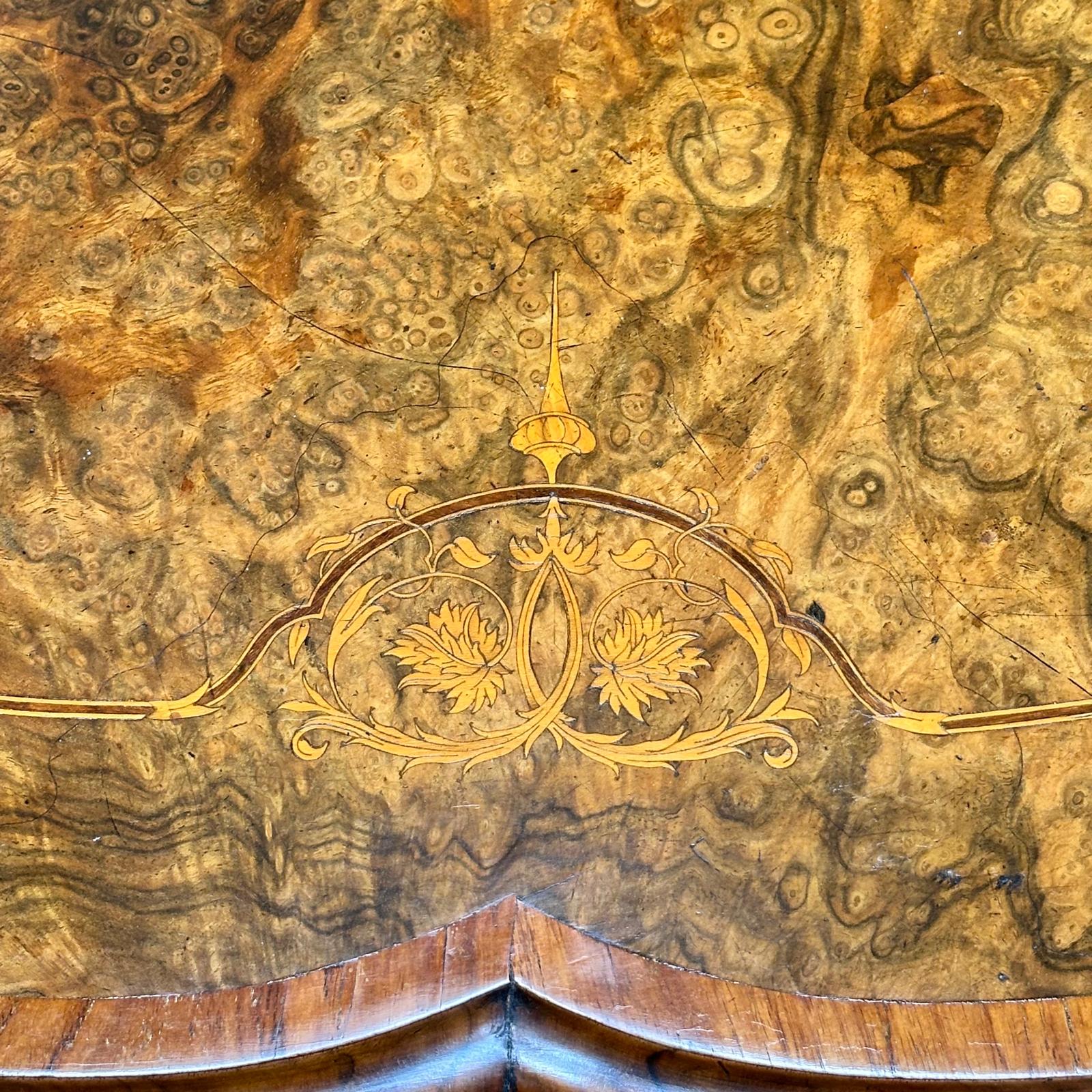 English burr walnut inlaid tilt top loo table c.1870