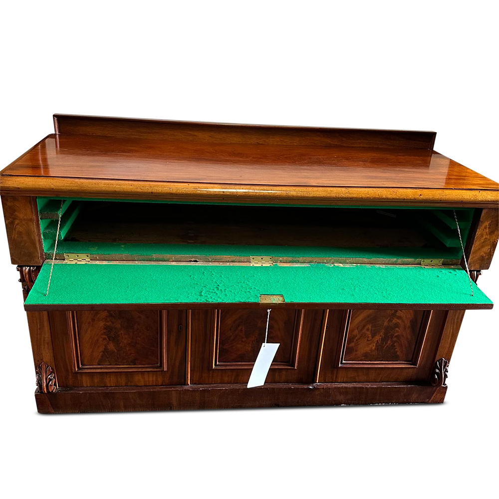 Rare English mahogany 3 door leaf holder with full width drawer c.1870 open