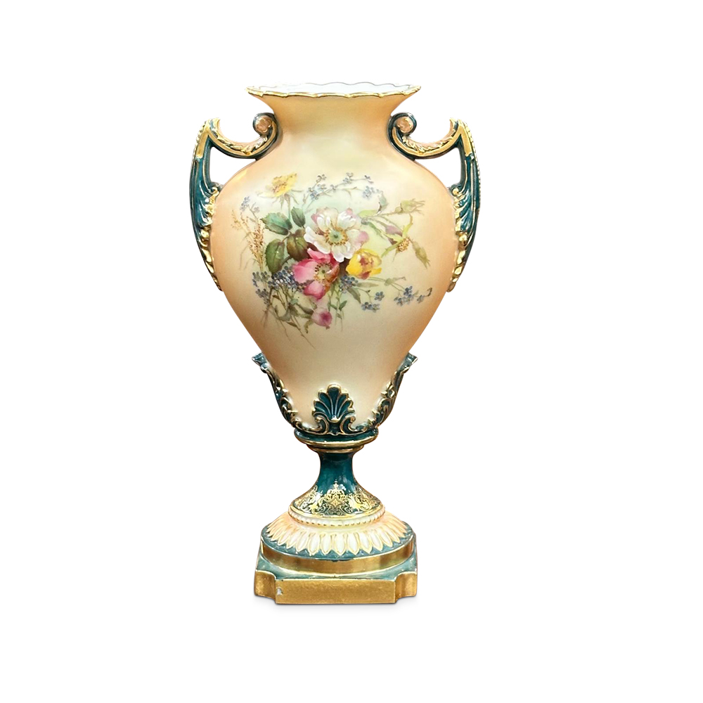 Royal Worcester blush ivory green and floral gilt baluster shape 1959 vase 1899