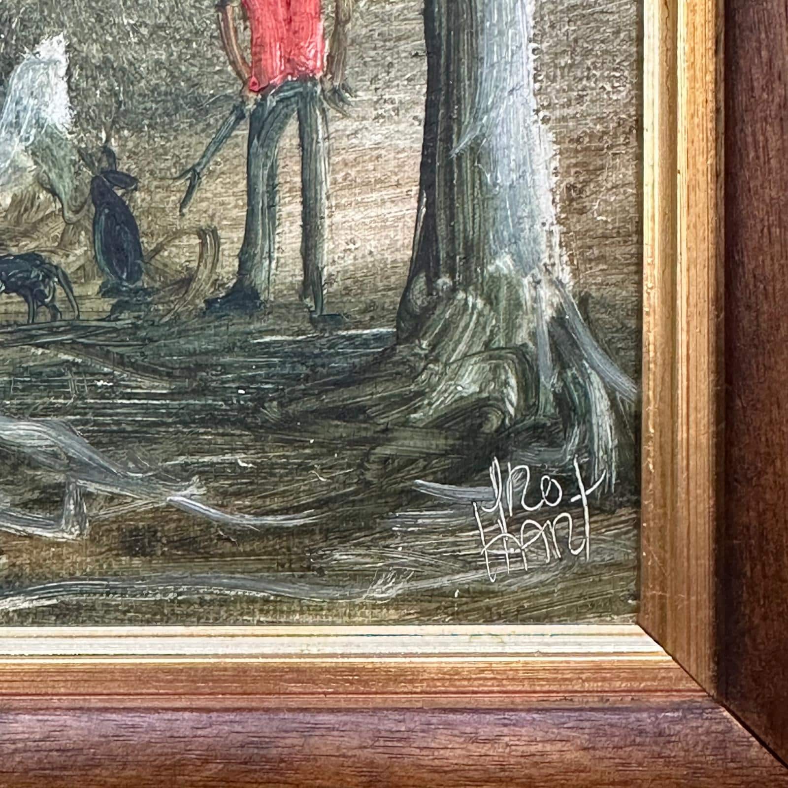 Pro Hart Watering the Sheep painting featuring a watering hole surrounded by trees in the Australian bush, and a stockman with a dog