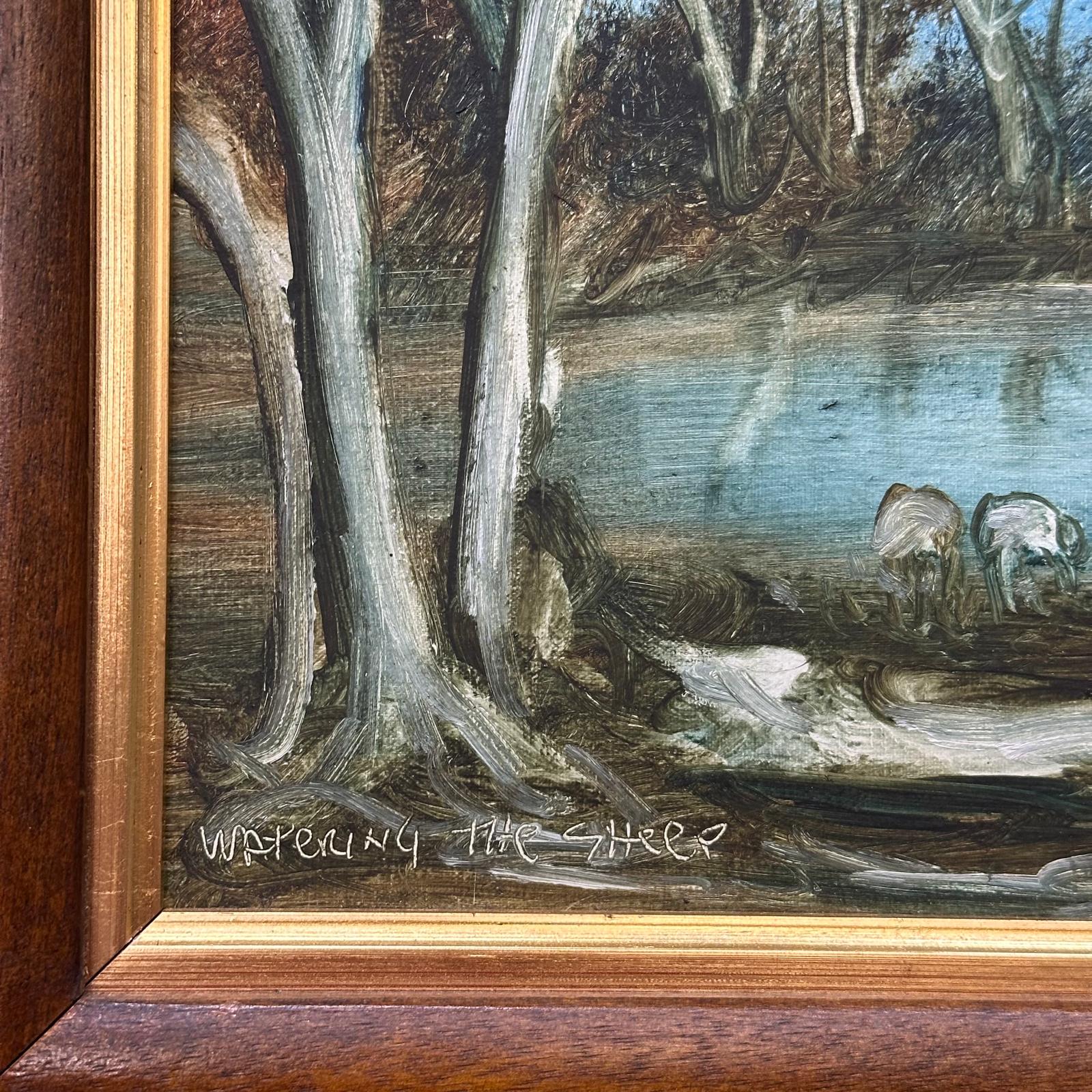 Pro Hart Watering the Sheep painting featuring a watering hole surrounded by trees in the Australian bush, and a stockman with a dog