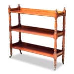 19th century English mahogany three tier servery on brass castors c.1860 front