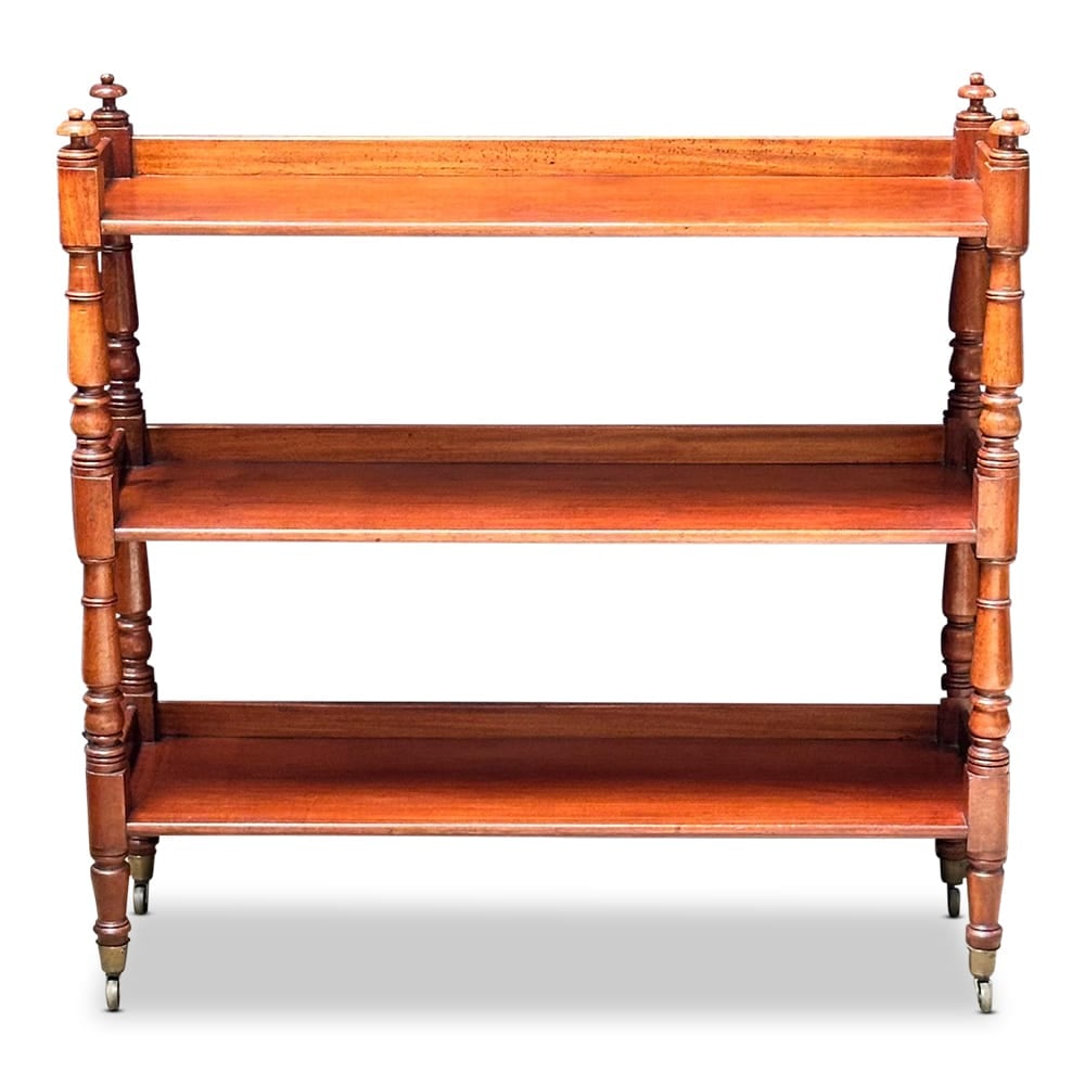 19th century English mahogany three tier servery on brass castors c.1860 front