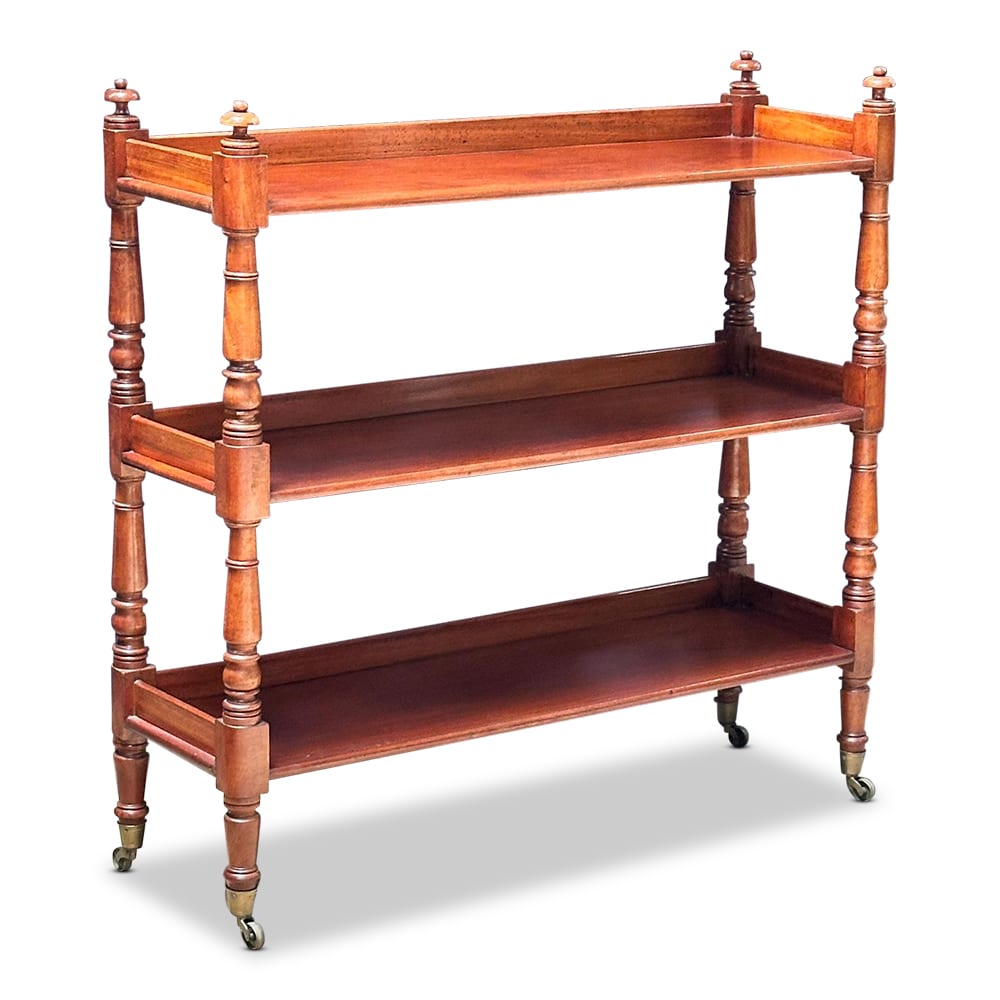 19th century English mahogany three tier servery on brass castors c.1860 front