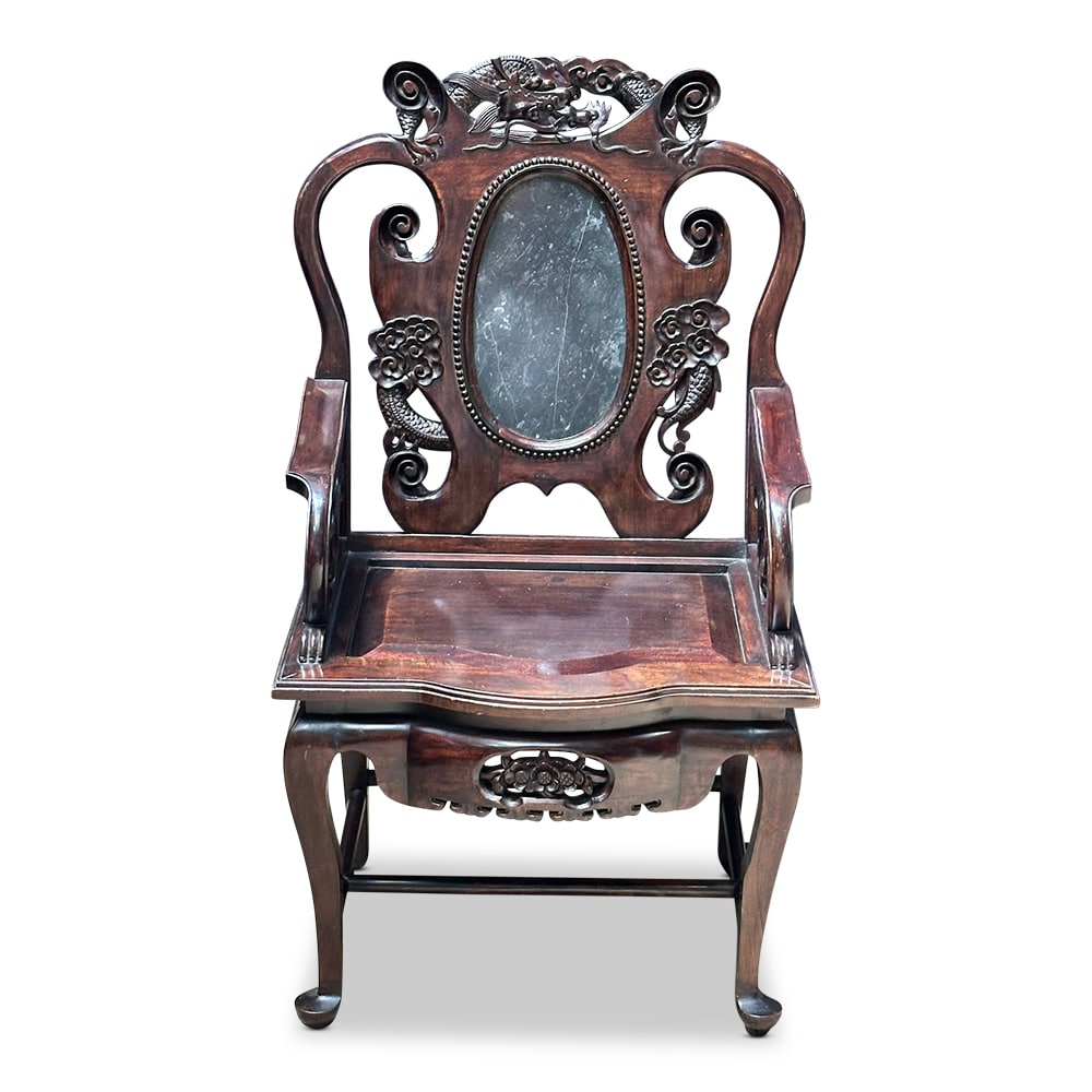 Early 20th century Chinese hardwood armchair with oval marble panel c.1910