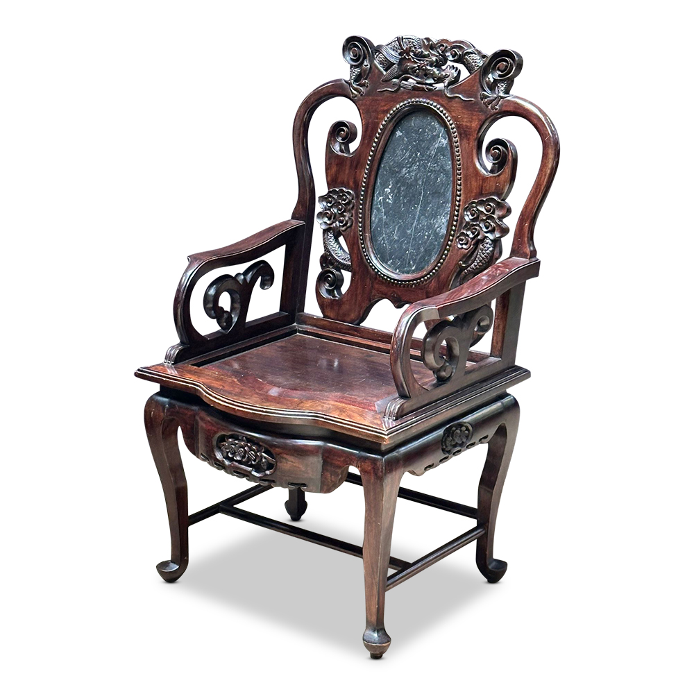 Early 20th century Chinese hardwood armchair with oval marble panel c.1910