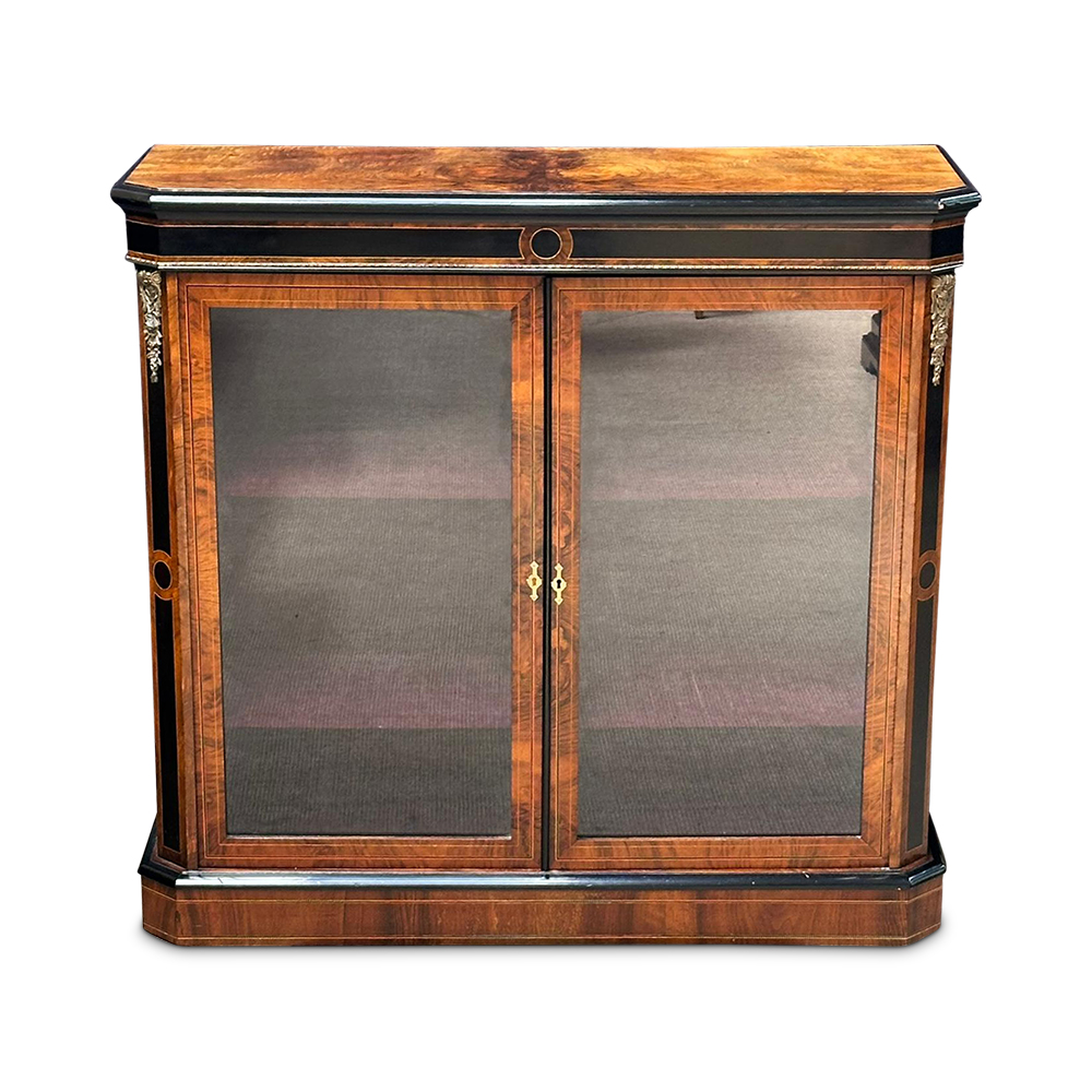 English 19th century burr walnut ebonised 2 door pier cabinet c.1870 front